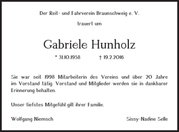 Traueranzeige von Gabriele Hunholz von Braunschweiger Zeitung