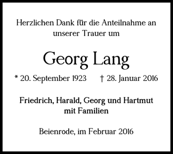 Traueranzeige von Georg Lang von Helmstedter Nachrichten