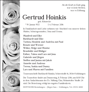 Traueranzeige von Gertrud Hoinkis von Helmstedter Nachrichten
