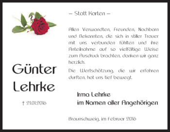 Traueranzeige von Günter Lehrke von Braunschweiger Zeitung