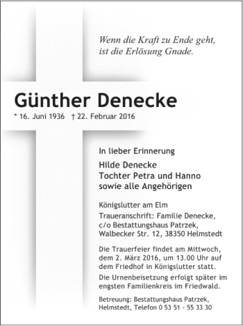 Traueranzeige von Günther Denecke von Helmstedter Nachrichten
