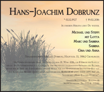Traueranzeige von HANS-JOACHIM DOBRUNZ von Salzgitter Zeitung