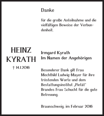 Traueranzeige von HEINZ KYRATH von Braunschweiger Zeitung