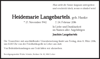 Traueranzeige von Heidemarie Langebartels von Helmstedter Nachrichten