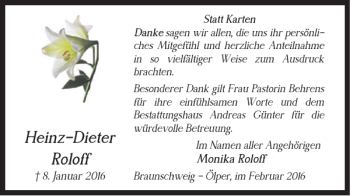 Traueranzeige von Heinz-Dieter Roloff von Braunschweiger Zeitung