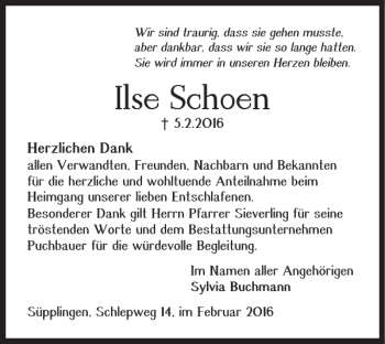 Traueranzeige von Ilse Schoen von Helmstedter Nachrichten