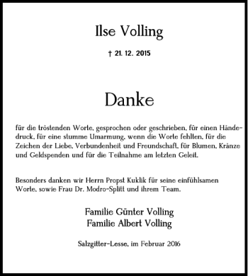 Traueranzeige von Ilse Volling von Salzgitter Zeitung