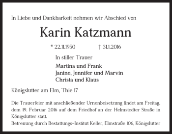 Traueranzeige von Karin Katzmann von Helmstedter Nachrichten