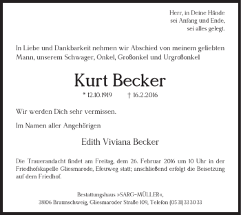 Traueranzeige von Kurt Becker von Braunschweiger Zeitung