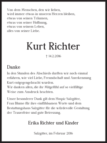 Traueranzeige von Kurt Richter von Salzgitter Zeitung
