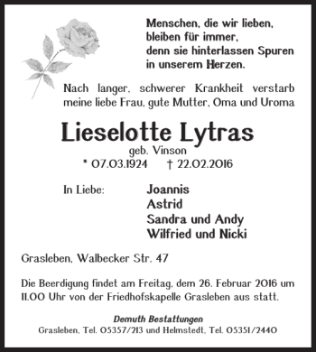 Traueranzeige von Lieselotte Lytras von Helmstedter Nachrichten