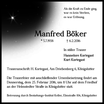 Traueranzeige von Manfred Böker von Helmstedter Nachrichten