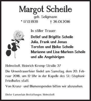 Traueranzeige von Margot Scheile von Helmstedter Nachrichten