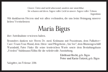 Traueranzeige von Maria Bigus von Salzgitter Zeitung