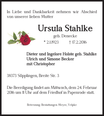 Traueranzeige von Ursula Stahlke von Helmstedter Nachrichten