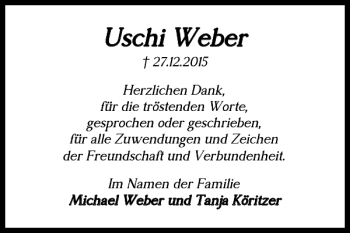 Traueranzeige von Uschi Weber von Helmstedter Nachrichten