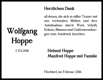 Traueranzeige von Wolfgang Hoppe von Helmstedter Nachrichten
