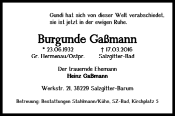 Traueranzeige von Burgunde Gaßmann von Salzgitter Zeitung