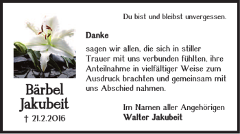 Traueranzeige von Bãrbel Jakubeit von Braunschweiger Zeitung