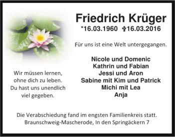 Traueranzeige von Friedrich Krüger von Braunschweiger Zeitung