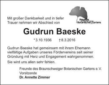 Traueranzeige von Gudrun Baeske von Braunschweiger Zeitung