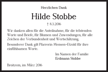Traueranzeige von Hilde Stobbe von Braunschweiger Zeitung