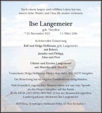 Traueranzeige von Ilse Langemeier von Salzgitter Zeitung