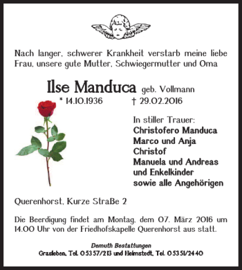Traueranzeige von Ilse Manduca von Helmstedter Nachrichten