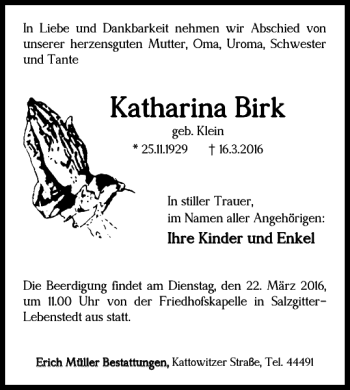 Traueranzeige von Katharina Birk von Salzgitter Zeitung