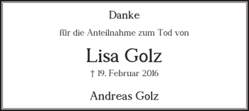 Traueranzeige von Lisa Golz von Braunschweiger Zeitung