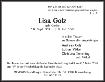 Traueranzeige von Lisa Golz von Braunschweiger Zeitung