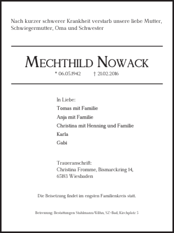 Traueranzeige von MECHTHILD NOWACK von Salzgitter Zeitung