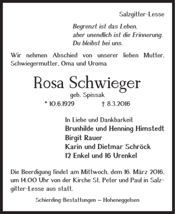 Traueranzeige von Rosa Schwieger von Salzgitter Zeitung