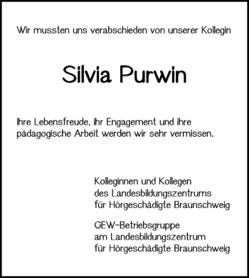 Traueranzeige von Silvia Purwin von Braunschweiger Zeitung