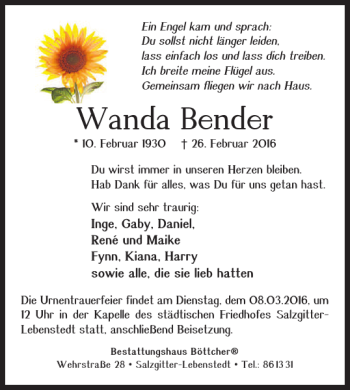 Traueranzeige von Wanda Bender von Salzgitter Zeitung
