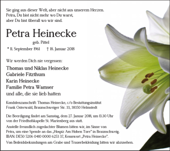 Traueranzeige von Petra Heinecke von Braunschweiger Zeitung
