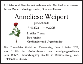 Traueranzeige von Anneliese Weipert von Braunschweiger Zeitung