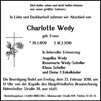 Traueranzeige von Charlotte Wedy von Braunschweiger Zeitung