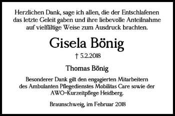 Traueranzeige von Gisela Bönig von Braunschweiger Zeitung