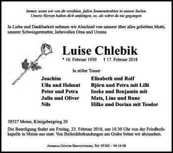 Traueranzeige von Luise Chlebik von Braunschweiger Zeitung