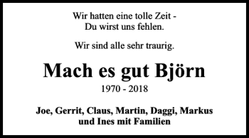 Traueranzeige von Mach es gut Björn von Braunschweiger Zeitung