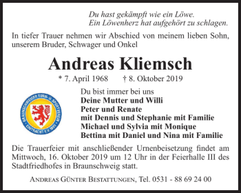 Traueranzeige von Andreas Kliemsch von Braunschweiger Zeitung