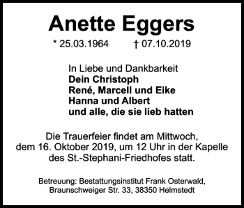 Traueranzeige von Anette Eggers von Helmstedter Nachrichten