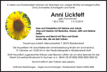 Traueranzeige von Anni Lickfett von Helmstedter Nachrichten