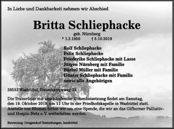 Traueranzeige von Britta Schliephacke von Wolfsburger Nachrichten