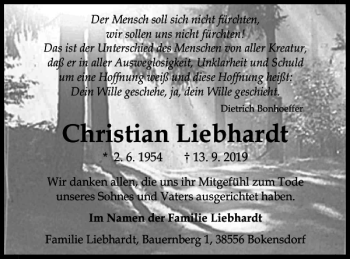 Traueranzeige von Christian Liebhardt von Wolfsburger Nachrichten