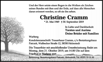 Traueranzeige von Christine Cramm von Wolfsburger Nachrichten