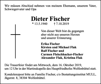 Traueranzeige von Dieter Fischer von Wolfenbütteler Zeitung