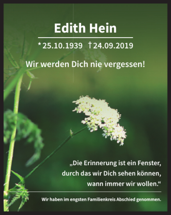 Traueranzeige von Edith Hein von Braunschweiger Zeitung