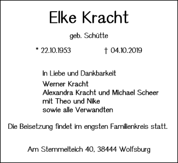 Traueranzeige von Elke Kracht von Wolfsburger Nachrichten
